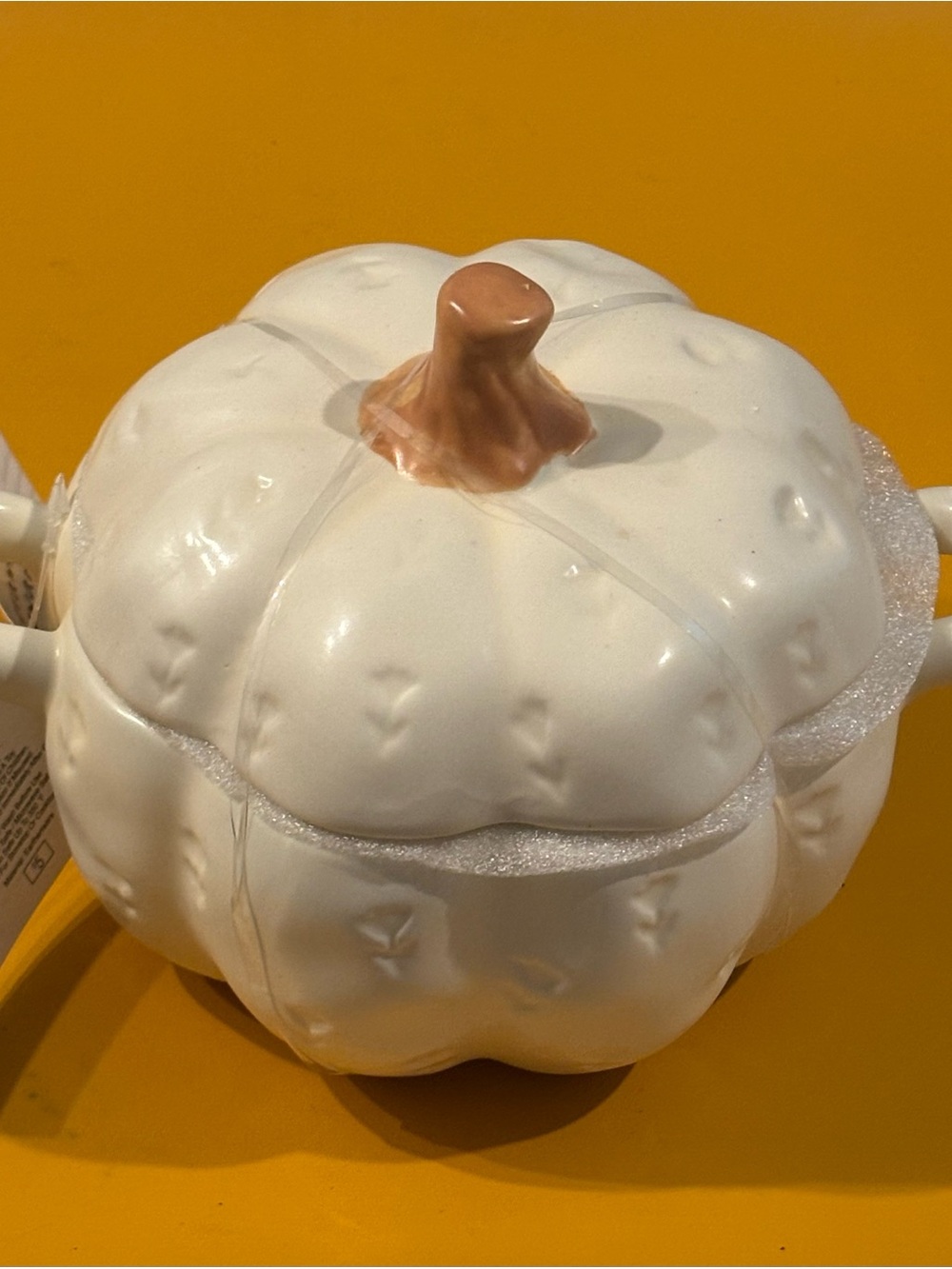 White Ceramic Pumpkin Trinket Box with Tan Stem
